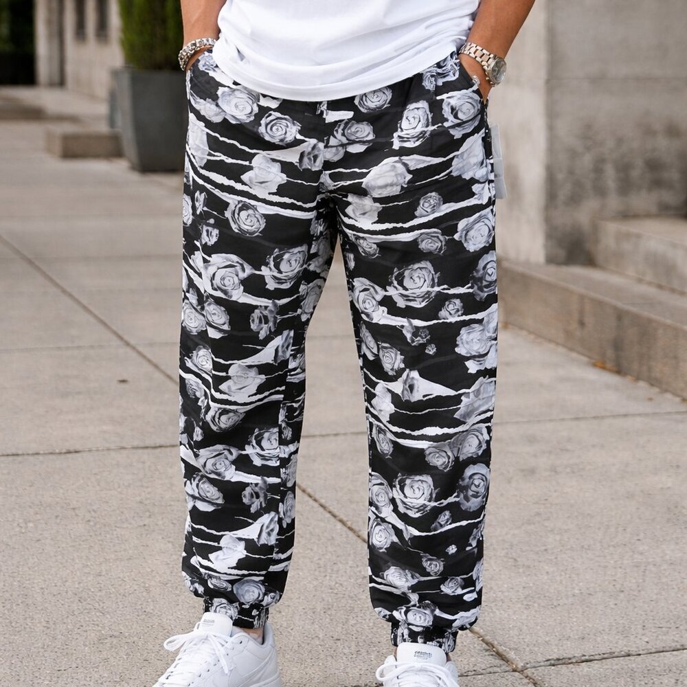 Fresh Prints of Bel-Air Men's Size Medium & Large Jogger Pants Black White Rose